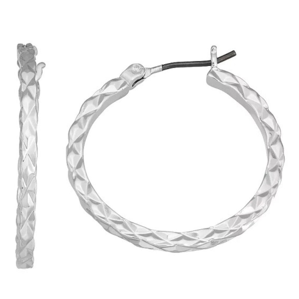 NINE WEST Mod/Contemporary Silver Diamond Shape Textured Hoop Earrings**NEW! - Picture 4 of 4